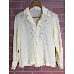 Vintage Women Hand Embroidered Silk Blouse Top Button Front Floral Yellow M